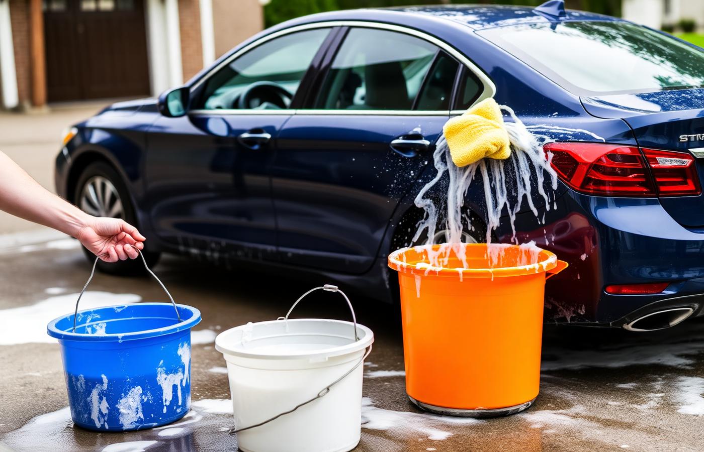 Two-bucket hand wash in progress on a dark blue sedan in a driveway