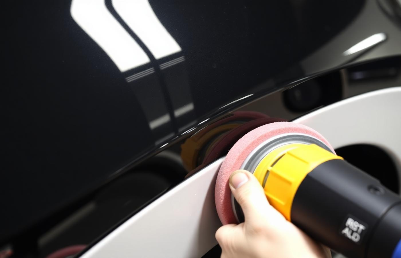 Dual action polisher refining the clear coat on a black car panel
