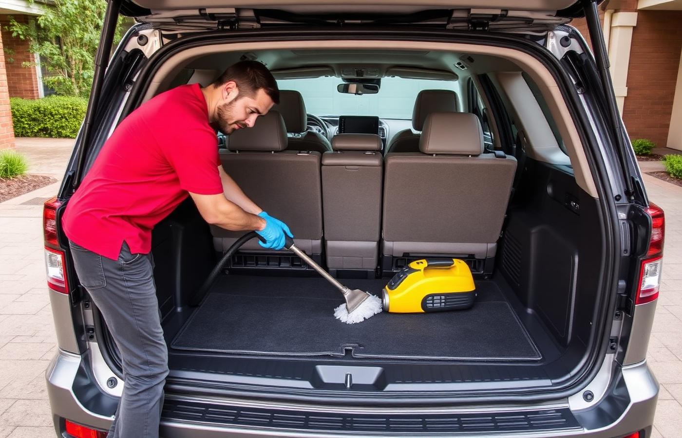 Detailer vacuuming the cargo area of a large family SUV with the tailgate open