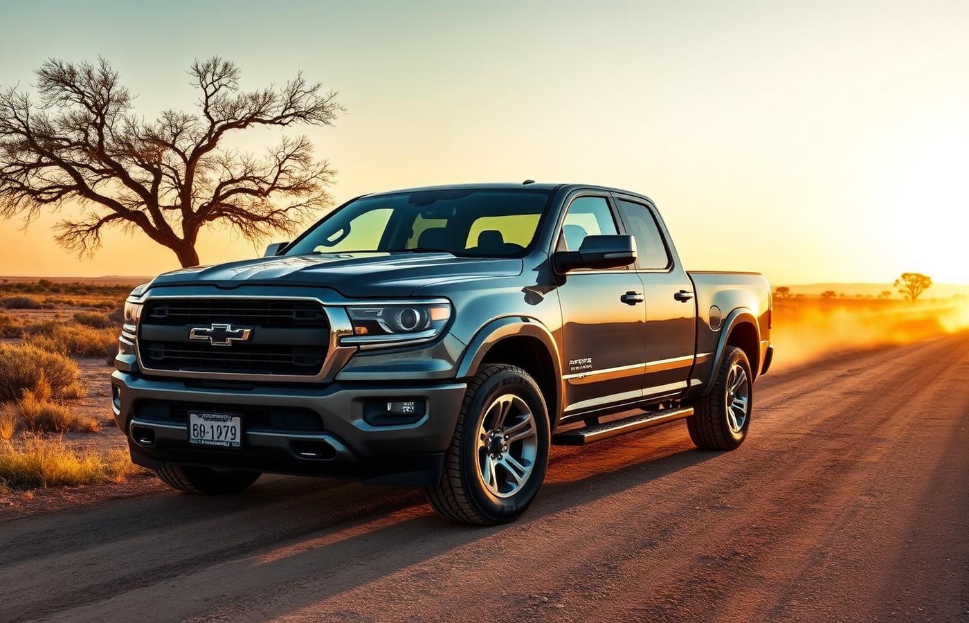 Clean pickup truck parked on a dusty Texas back road at golden hour